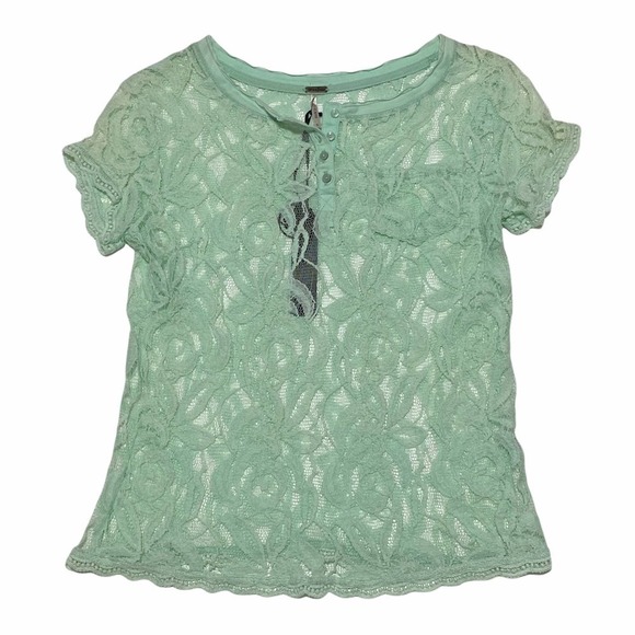 Poof Mint Green Sheer Lace Short Sleeve Blouse - Picture 5 of 11